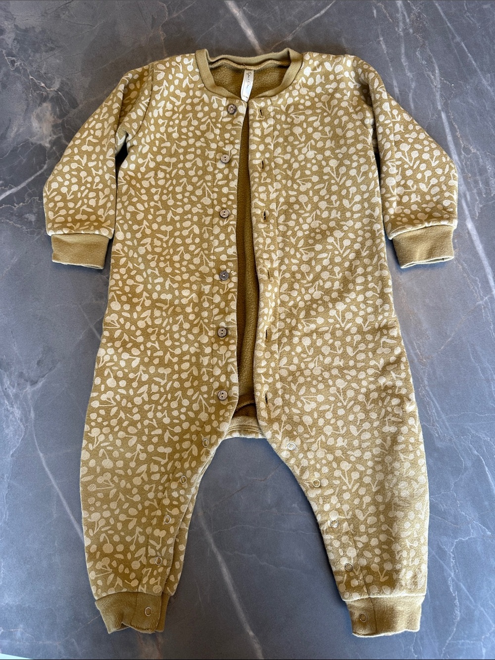 Rylee + Cru Mustard Leaf-Print One-Piece Snap Romper